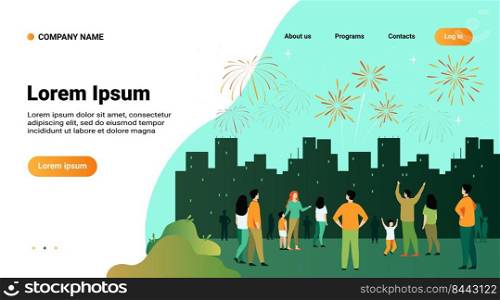 Festive city night concept. Crowd of people with children celebrating event and watching firework in sky over cityscape. Vector illustration for celebration, holiday, urban show topics