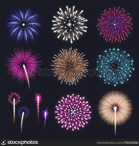 Festive colored fireworks bursting on black background realistic isolated vector illustration