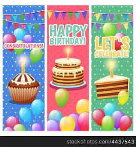 Festive Colorful Celebrations Vertical Banners Set. Congratulations and celebrations colorful vertical banners set with balloons cakes and happy birthday text isolated vector illustration