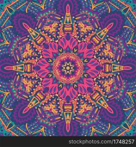 Festive Colorful Ethnic Boho seamless vector pattern ornamental psychedelic. Festival mandala pattern magic wheel