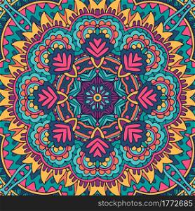 Festive colorful mandala art pattern. Geometric medallion doodle Boho style ornaments. Psychedelic carnival floral Abstract geometric vector print. Vector seamless pattern doodle art mandala. Ethnic design with colorful ornament.
