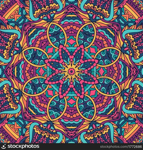 Festive colorful mandala art pattern. Geometric medallion doodle Boho style ornaments. Psychedelic carnival aztec style background. Tribal indian ethnic seamless design. Festive colorful mandala pattern