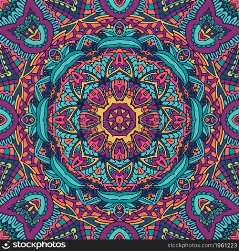 Festive colorful mandala art pattern. Geometric medallion doodle Boho style ornaments. Psychedelic carnival floral Abstract geometric vector print. Vector seamless pattern doodle art mandala. Ethnic design with colorful ornament.