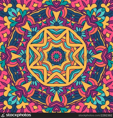 Festive colorful mandala art pattern. Geometric medallion doodle Boho style ornaments. Psychedelic carnival aztec style background