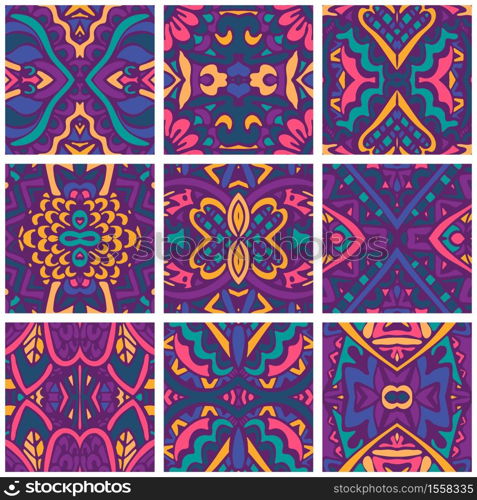 Festive colorful vector wallpaper. Vector psychedelic seamless decoration. Fabric texture Creative vector layout. Fashion ethnic design collection.. Vector seamless pattern african art batik ikat. Tribal Ethnic Festive Abstract Floral Vector Pattern Set