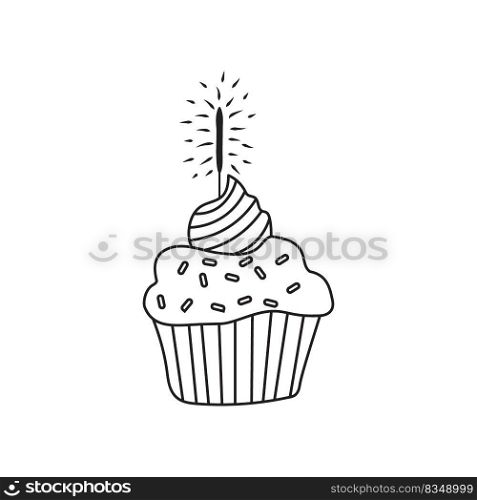 Festive cupcake with sparkler isolated on white background. Vector hand-drawn illustration in doodle style. Perfect for cards, logo, invitations, decorations, birthday designs.