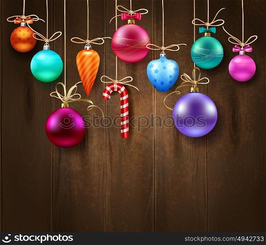 Festive Decorative Christmas Template. Festive decorative Christmas template with hanging colorful balls on wooden background vector illustration