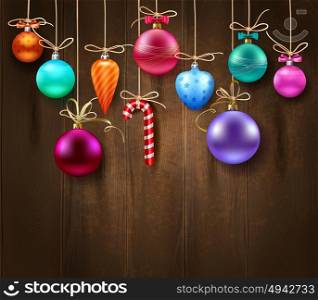 Festive Decorative Christmas Template. Festive decorative Christmas template with hanging colorful balls on wooden background vector illustration