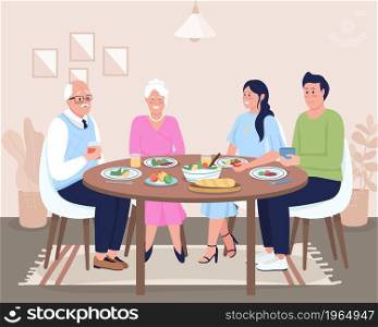 Festive dinner flat color vector illustration. Family reunion. Making positive memories. Family members celebrating birthday together 2D cartoon characters with cozy dining room on background. Festive dinner flat color vector illustration