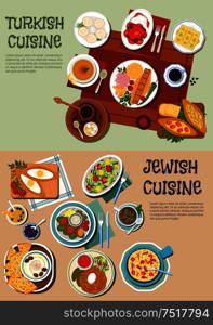 Festive dishes of jewish and turkish cuisine symbol with kebabs and pilaf, hummus with olives and matzah, falafels, vegetable and chickpea salads, dumplings and open pies, lentil soup and cholent stew, turkish coffee with baklava and lokum. Flat style. National cuisine of Turkey and Israel flat icon