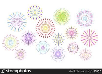 Festive fireworks. Celebration party firework, festival firecracker and, holiday feast celebrated colorful sky fire explosion stars, birthday or birthday celebrating isolated vector background