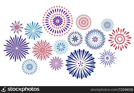 Festive fireworks. Celebration party firework, festival firecracker and, holiday feast celebrated colorful sky fire explosion stars, birthday or Xmas celebrating isolated vector background. Festive fireworks. Celebration party firework, festival firecracker and colorful sky fire explosion stars isolated vector background