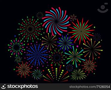 Festive fireworks. Festive christmas salute, new year pyrotechnic explosions with sparks. Xmas firecrackers vector celebration sparkling design background. Festive fireworks. Festive christmas salute, new year pyrotechnic explosions with sparks. Xmas firecrackers vector background