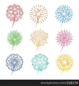 Festive fireworks vector illustration. Celebration fireworks colorful icons on white background. Festive fireworks icons