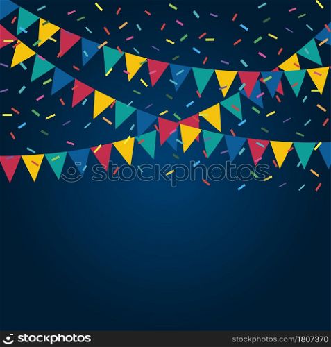 Festive flags and confetti. Carnival party. Garland of colour flags and confetti. Holiday background