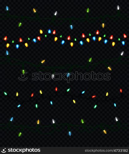 Festive garlands set of decorations with multicolor shiny lights, sparkling glittering Christmas lightbulbs vector illustration on transparency. Festive Garlands Set Decorations Multicolor Lights