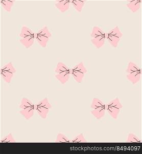 Festive gift bows and ribbons in cartoon style. Simple decorative bow for hair. Pink bow for presents wrapping elements. Gift birthday xmas sale decor. Hand drawn flat vector seamless pattern.