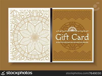 Festive gift card with mandala isolated on brown. Greeting postcard with repeated decorative design, geometric waves on paper. Template of shopping certificate. Vector illustration in flat style. Greeting with Holiday, Gift Card with Pattern