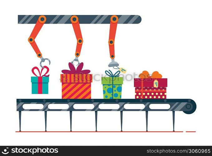 Festive gifts conveyor. Magic factory packs gifts boxes for merry christmas and happy new year greetings. Flat illustration. Festive gifts conveyor. Magic factory packs gifts boxes for merry christmas and happy new year greetings. Flat illustration isolated on white background.