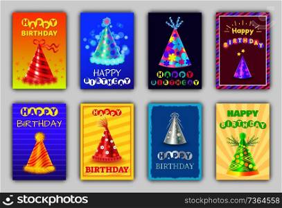 Festive happy birthday postcards with holiday hats, vector illustration collection of caps templates on posters, creative anniversary and bday banners. Festive Happy Birthday Postcards with Holiday Hats