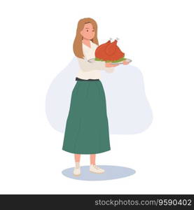 Festive Holiday Cooking. Woman Holding Roasted Turkey  for Thanksgiving Dinner.