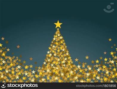 Festive horizontal Christmas background with copy space. Golden stars and tree on blue