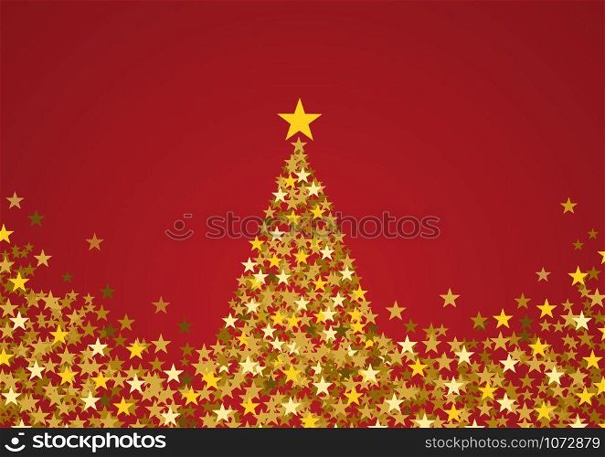 Festive horizontal Christmas background with copy space. Golden stars and tree on red