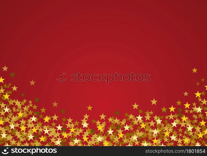 Festive horizontal Christmas background with copy space. Golden stars on red