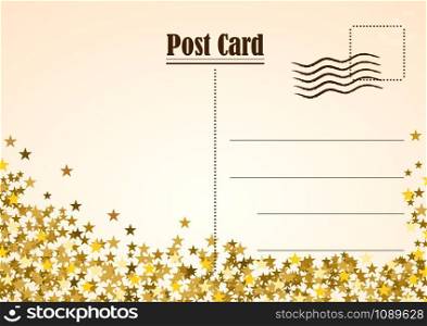Festive horizontal Christmas background with copy space. postcard in golden stars on white