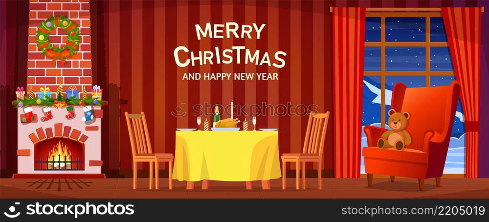 Festive interior of living room, new year. Christmas tree, festive table,gifts above fireplace for new year,beautiful furniture, fireplace, Christmas wreath, decorations. Vector illustration. Festive interior of living room, new year.