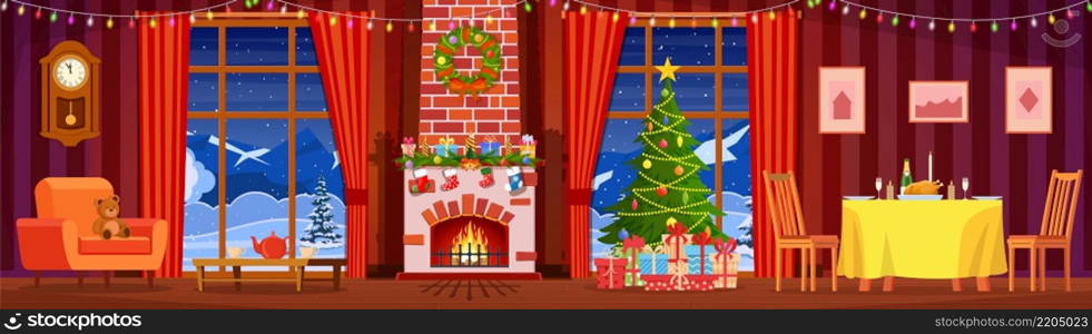 Festive interior of living room, new year. Christmas tree, festive table,gifts above fireplace for new year,beautiful furniture, fireplace, Christmas wreath, decorations. Vector illustration. Festive interior of living room, new year.