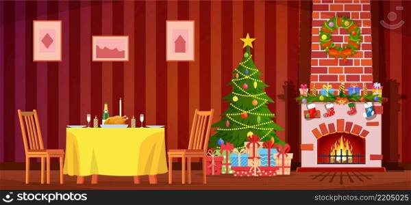 Festive interior of living room, new year. Christmas tree, festive table,gifts above fireplace for new year,beautiful furniture, fireplace, Christmas wreath, decorations. Vector illustration. Festive interior of living room, new year.