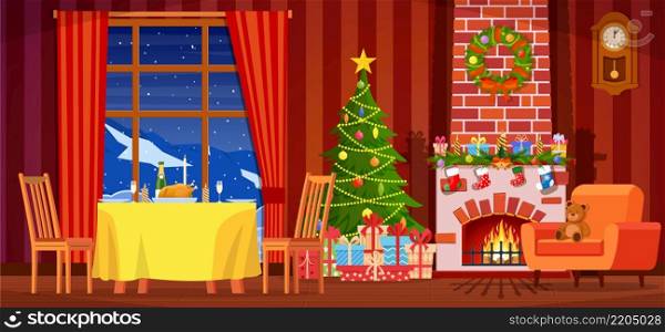 Festive interior of living room, new year. Christmas tree, festive table,gifts above fireplace for new year,beautiful furniture, fireplace, Christmas wreath, decorations. Vector illustration. Festive interior of living room, new year.