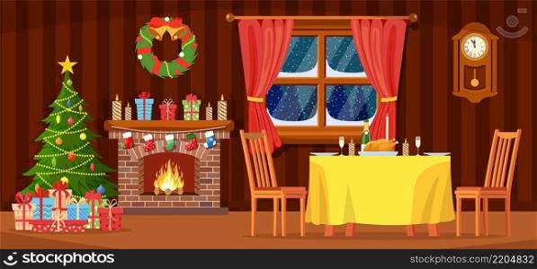 Festive interior of living room, new year. Christmas tree, gifts above fireplace for new year, festive table, beautiful furniture, fireplace, Christmas wreath, decorations.. Festive interior of living room, new year.