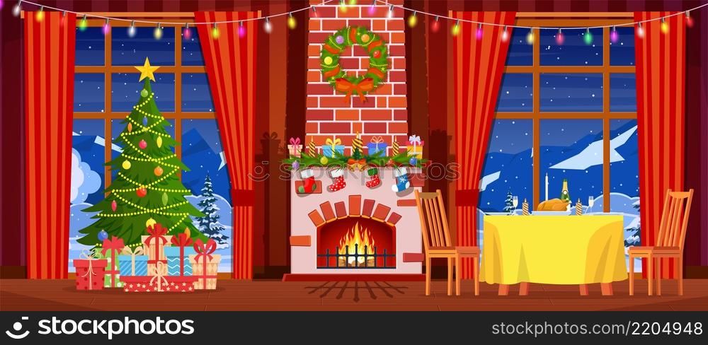 Festive interior of living room, new year. Christmas tree, gifts above fireplace for new year, festive table, fireplace, Christmas wreath, decorations. Cartoon Flat Vector Illustration. Festive interior of living room, new year.