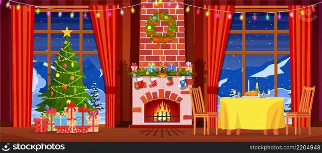 Festive interior of living room, new year. Christmas tree, gifts above fireplace for new year, festive table, fireplace, Christmas wreath, decorations. Cartoon Flat Vector Illustration. Festive interior of living room, new year.