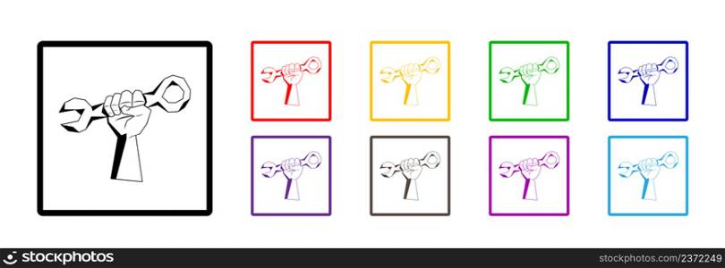 Festive International Labor Day, icons in different colors on a white background. Working hand holding a wrench.