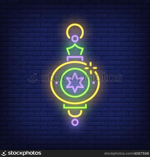 Festive lantern neon sign. Beautiful Ramadan celebration lamp on dark brick wall background. Night bright advertisement. Vector illustration in neon style for religious festival or garden decoration