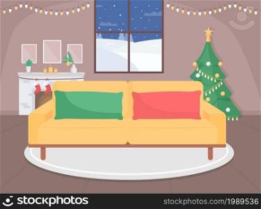 Festive living room flat color vector illustration. Couch at home with festive Christmas decorations. New Year eve in household. Festive 2D cartoon interior with window on background. Festive living room flat color vector illustration