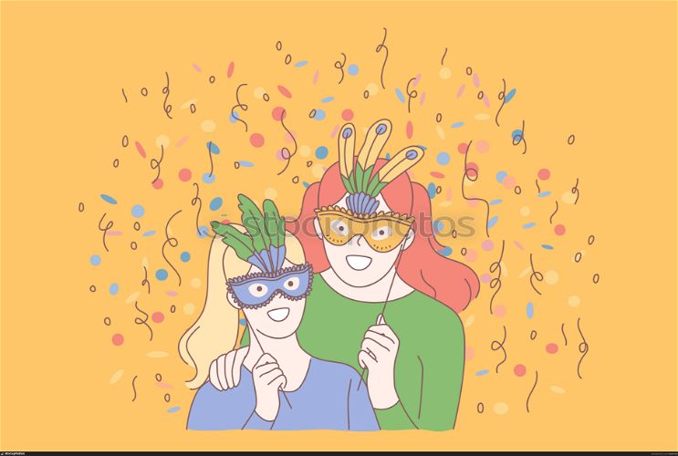 Festive masquerade, creative celebration concept. New Year, Birthday fancy-dress ball, costume party, family entertainment, female adult and child with masks, holiday joyfullness. Simple flat vector. Festive masquerade, creative celebration concept