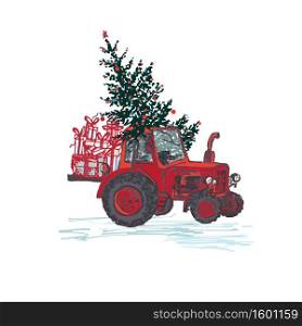 Festive New Year 2019 card. Red tractor with fir tree decorated red balls and holiday gifts isolated on white background. Vector illustrations. Festive New Year 2019 card. Red tractor with fir tree decorated red balls and holiday gifts isolated on white background