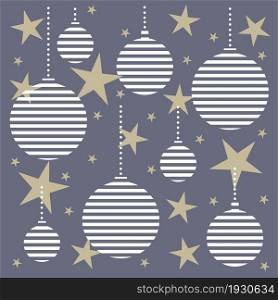 Festive New Year background with white striped Christmas balls and gold stars. Vector illustration.