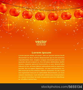 Festive orange background with garland of Chinese lanterns and stars. Vector illustration.