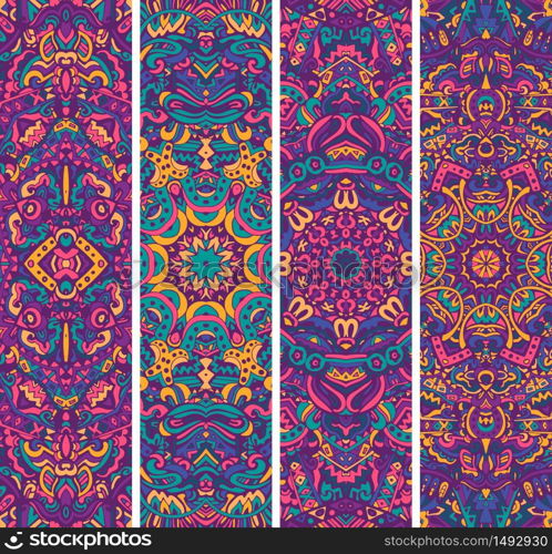Festive ornamental vector ethnic banner set. Psychedelic mexican color pattern. Abstract vector seamless ethnic geometric banner background set