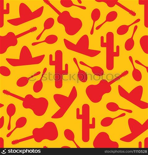 Festive outline mexican symbols seamless background. Vector pattern with native silhouette cactus, sombrero, maracas and guitar. Illustraton in red, yellow or orange colors for textile seamless print. Red and yellow outline mexican seamless pattern