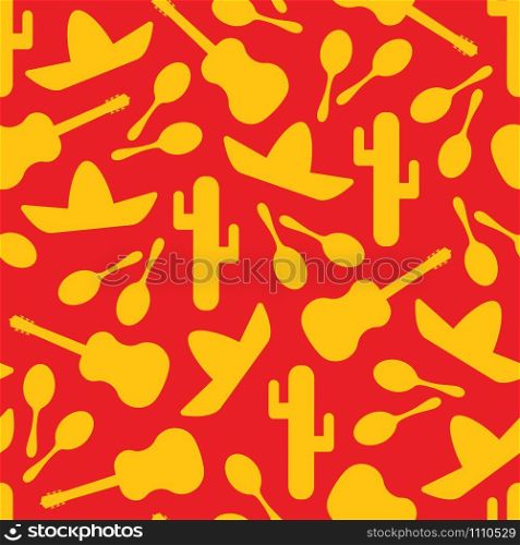 Festive outline mexican symbols seamless background. Vector pattern with native silhouette cactus, sombrero, maracas and guitar. Illustraton in red, yellow or orange colors for event decoration. Yellow and red outline mexican seamless pattern