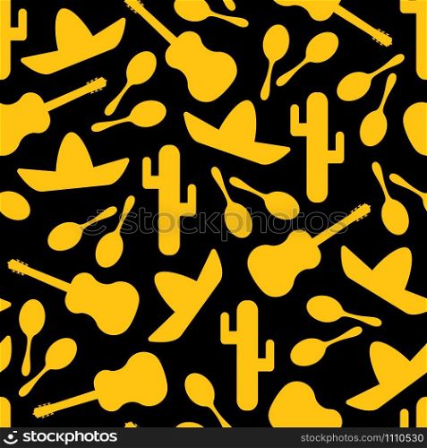 Festive outline mexican symbols seamless background. Vector pattern with native silhouette cactus, sombrero, maracas and guitar. Illustraton in black, yellow or orange colors for event decoration. Black and yellow outline mexican seamless pattern