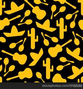 Festive outline mexican symbols seamless background. Vector pattern with native silhouette cactus, sombrero, maracas and guitar. Illustraton in black, yellow or orange colors for event decoration. Black and yellow outline mexican seamless pattern