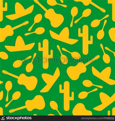 Festive outline mexican symbols seamless background. Vector pattern with native silhouette cactus, sombrero, maracas and guitar. Illustraton in green, yellow or orange colors for party decoration. Green and yellow outline mexican seamless pattern