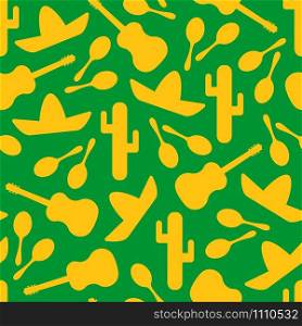 Festive outline mexican symbols seamless background. Vector pattern with native silhouette cactus, sombrero, maracas and guitar. Illustraton in green, yellow or orange colors for party decoration. Green and yellow outline mexican seamless pattern
